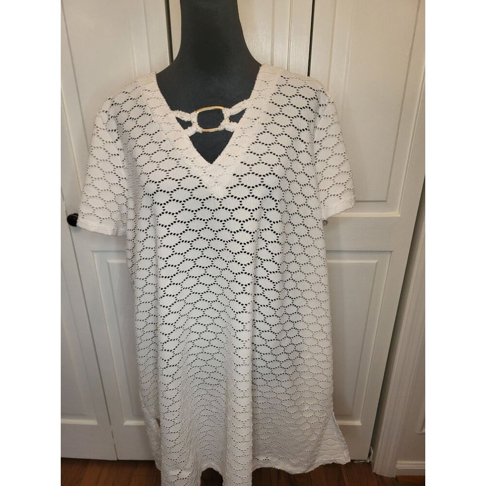 Fashion Bug Vtg Y2K Ivory Crochet Cover Up Mini Buckle 2X Festival Beach Cruise